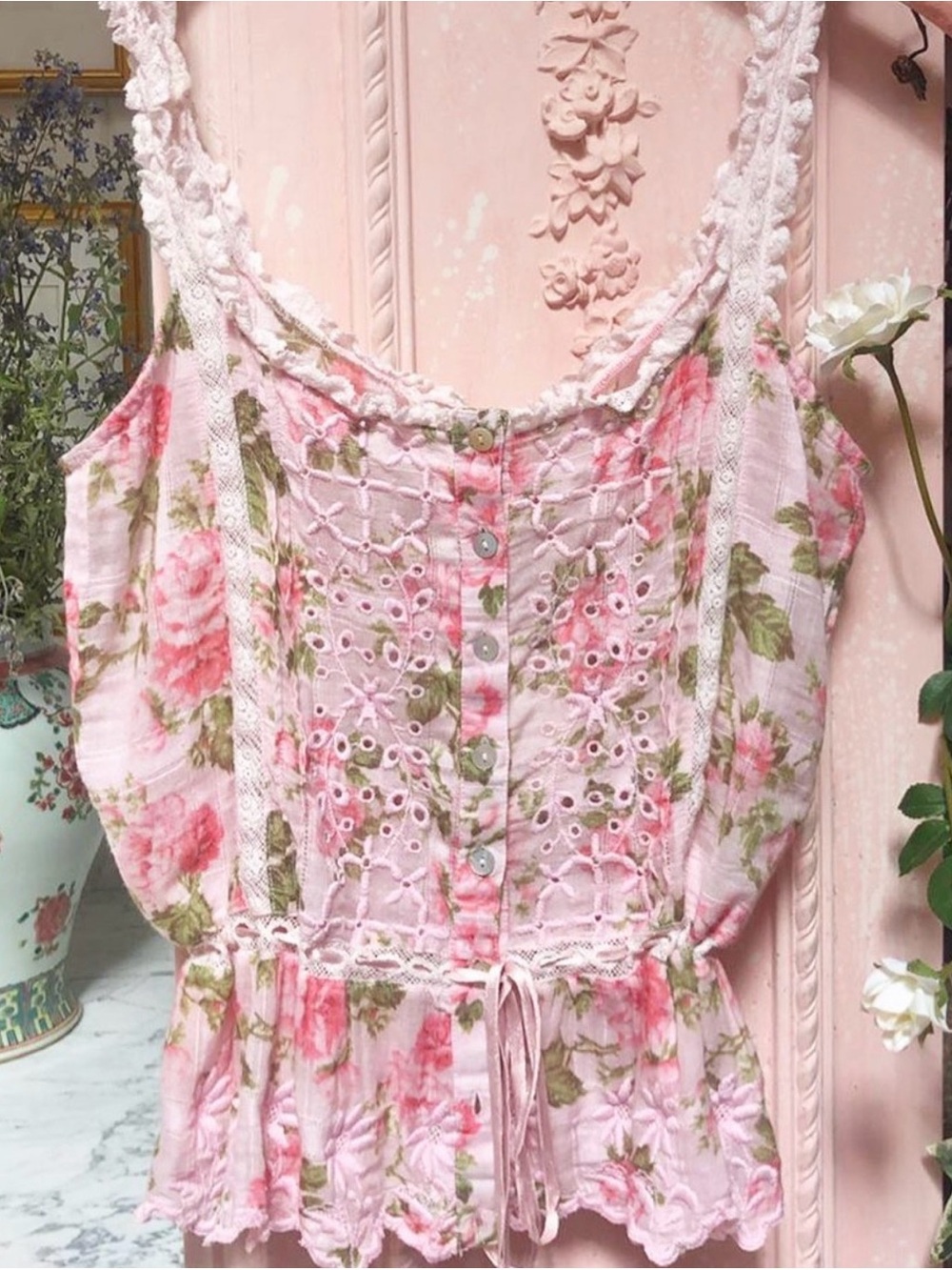 LOVESHACKFANCY Pink Floral Lace-Trim Women's Tank Top with Satin Ribbon Tie